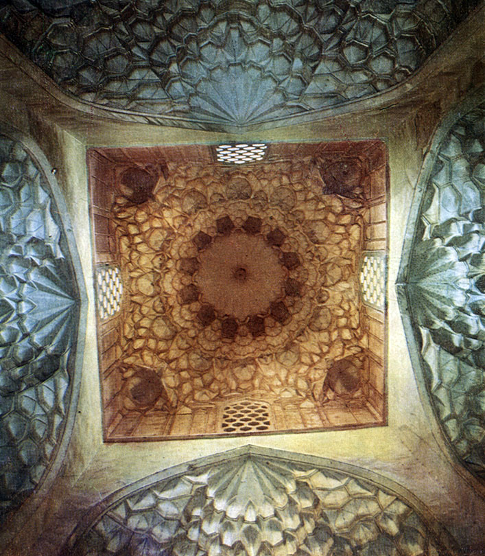 A stalactite cupola made of ganch in a gurkhana (a burial chamber) of a bi-cupola mausoleum of the 'lower group' of buildings