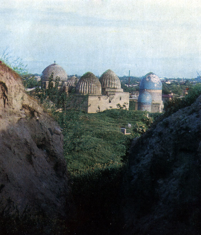 A group of 14th century mausoleums on the wall in Afrasiab