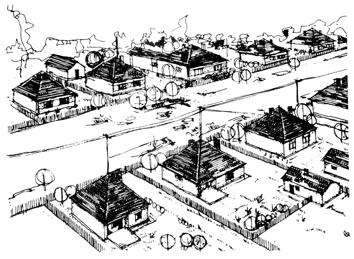 Рис. 7. Вид в перспективе улицы с домами с шатровой крышей