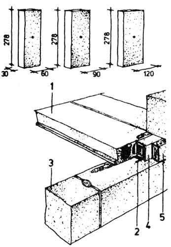 Рис. 14. Характерные элементы крупноблочного здания: 1 - направляющий блок; 2 - элемент перекрытия; 3 - установка блока; 4 - несущая конструкция защитной сетки; 5 - проволочная сетка; 6 - подоконный блок