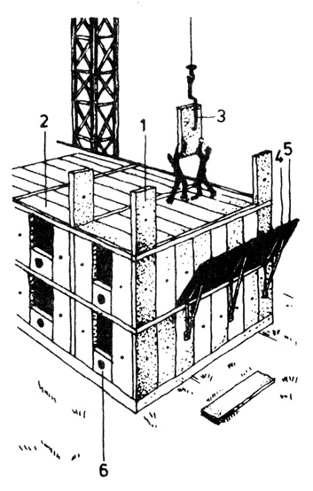 Рис. 15. Монтаж блоков: 1 - сборный элемент перекрытия; 2 - стальная арматура; 3 - шлакоблок; 4 - монолитный бетонный пояс; 5 - сборная железобетонная опалубка