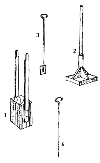 Рис. 52. Инструменты для уплотнения бетона вручную: 1 - деревянная трамбовка; 2 - металлическая трамбовка; 3, 4 - металлические штыковки