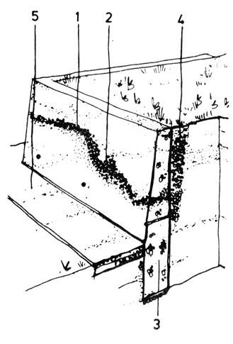 Рис. 143. Ошибки при укладке бетона, проявляющиеся на поверхности: 1 - крупнозернистая полоса; 2 - цементный раствор; 3 - фундамент; 4 - тыльная сторона; 5 - отмостка