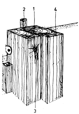 Рис. 212. Неправильное крепление дверной коробки: 1 - трещины; 2 - уплотнение паклей; 3 - гвоздь длиной 100 мм; 4 - коробка